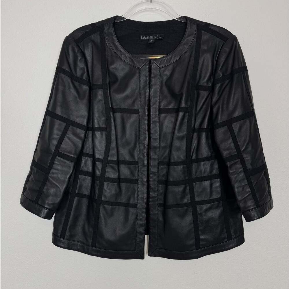 Lafayette 148 Leather Jacket Womens 10 Black 3/4 Sleeve Elegant